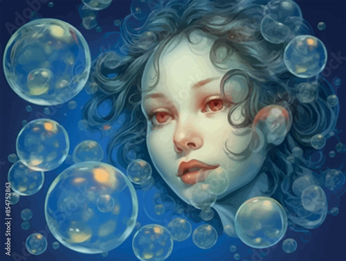 Anime girls in diving suits underwater surrounded by bubbles. A whimsical and enchanting illustration capturing the magical underwater world with anime characters in spacesuits and glossy bubbles.

