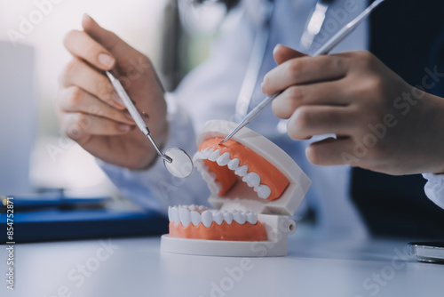 Concentrated dentist sitting at table with jaw samples tooth model and working with tablet and laptop in dental office professional dental clinic. medical doctor working