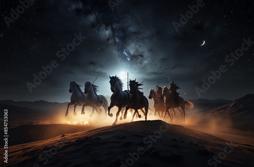 horses in the mountains ,apocalyptic desert, moonlit night, Four Horsemen, white horse, red horse, black horse, pale horse.