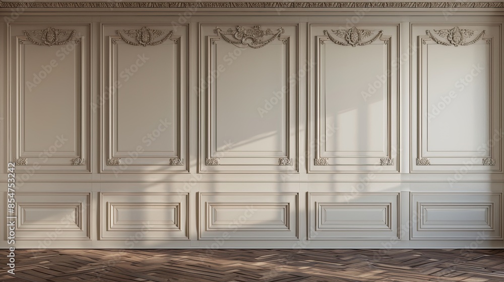 a room with classic-style wall panels, showcasing soft, neutral-colored walls adorned with intricate trim for a sophisticated look. The wooden floor adds to the room's timeless appeal. a room with classic-style wall panels, showcasing soft, neutral-colored walls adorned with intricate trim for a sophisticated look. The wooden floor adds to the room's timeless appeal.