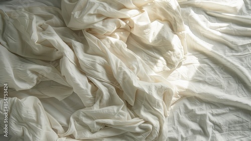 Top down view of white sheets and rumpled blanket on a bed in the morning