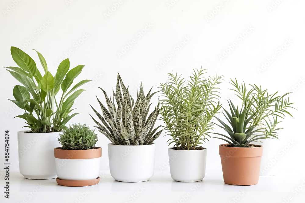 Green Plants in White and Terracotta Pots on a White Surface Green Plants in White and Terracotta Pots on a White Surface