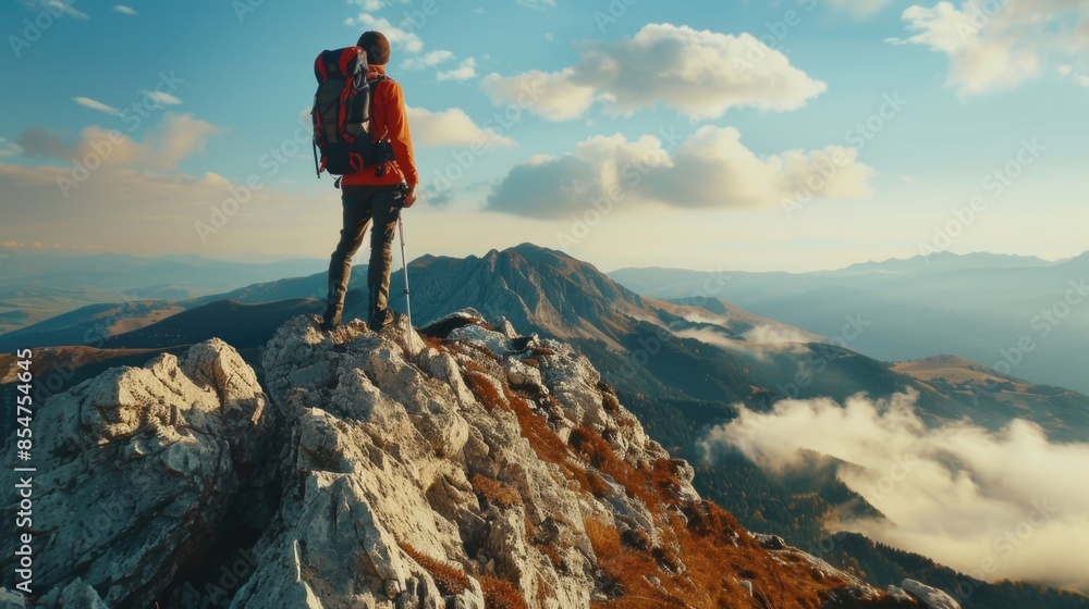 Obraz premium Top of the World: Adventurous Hiker on Mountain Summit with breathtaking Views