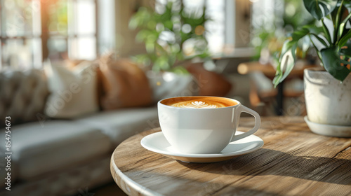 coffee cup on modern table in coffee shop interior, 