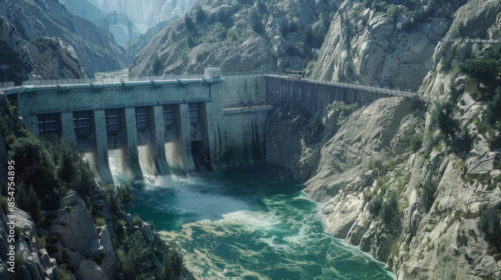 A concrete dam stands tall against a backdrop of rugged mountains, releasing a powerful flow of water into a turquoise river. The scene showcases the beauty and power of natures forces. A concrete dam stands tall against a backdrop of rugged mountains, releasing a powerful flow of water into a turquoise river. The scene showcases the beauty and power of natures forces.