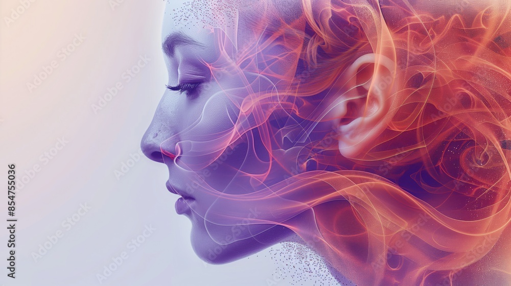 A womans face is shrouded in colorful smoke, with a hand emerging from the haze A womans face is shrouded in colorful smoke, with a hand emerging from the haze