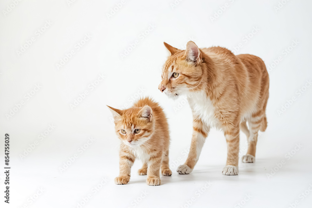 Ginger Cat and Kitten Walking on White Background Ginger Cat and Kitten Walking on White Background