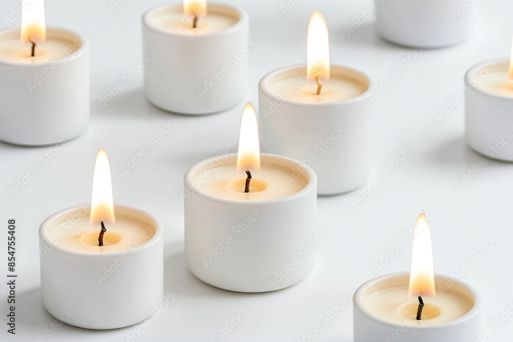 White Candles Burning on White Background White Candles Burning on White Background