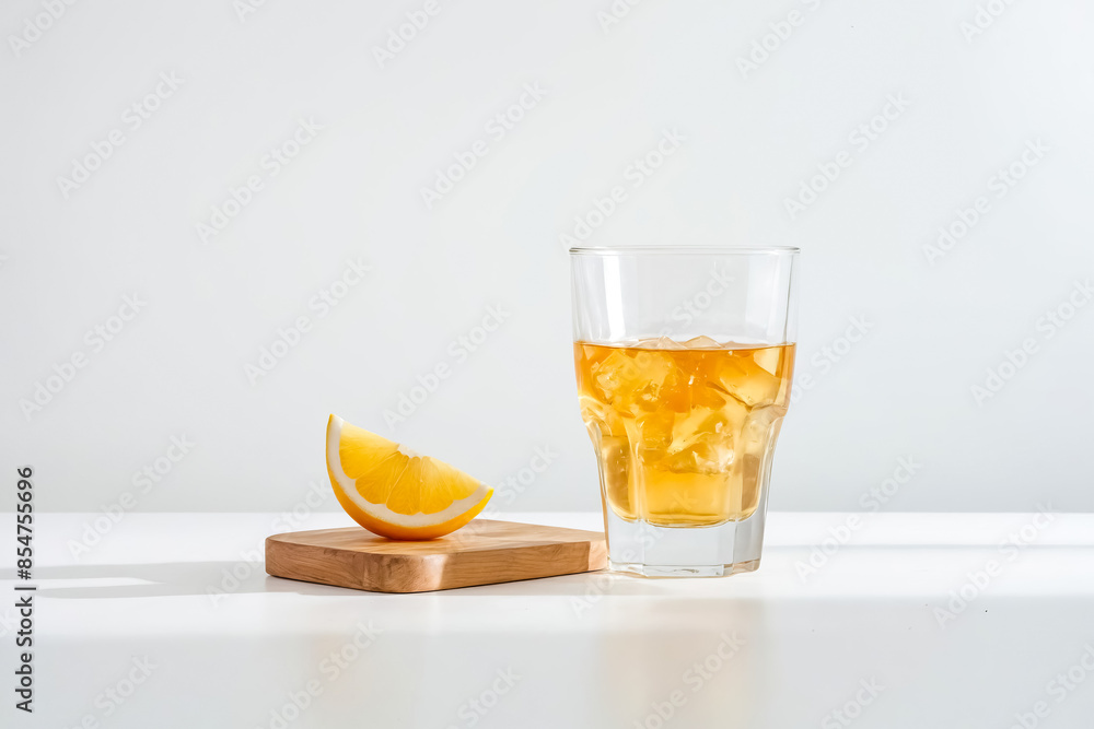 Glass of Iced Tea with Lemon Wedge on Wooden Board Glass of Iced Tea with Lemon Wedge on Wooden Board