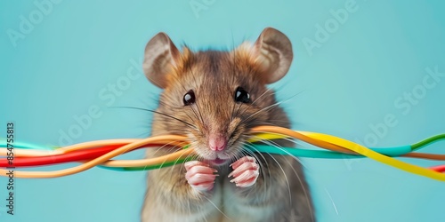 Brown rat holding colored wires against blue background photo