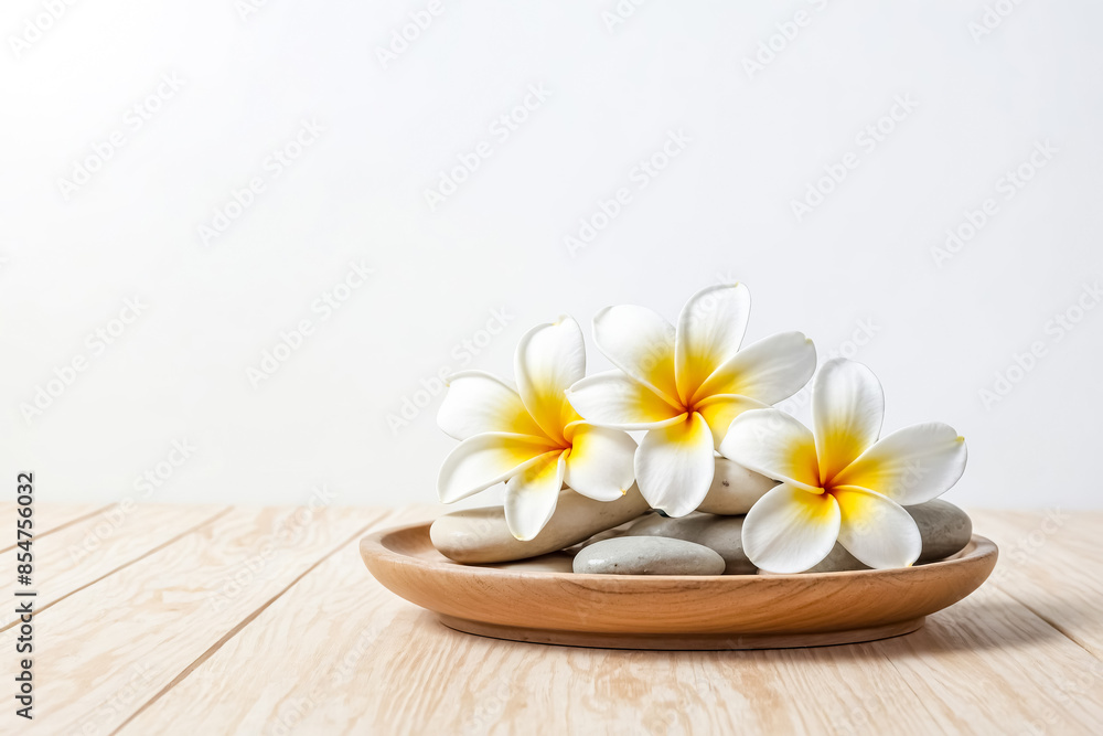 White Plumeria Flowers and Spa Stones in Wooden Bowl on Wooden Table White Plumeria Flowers and Spa Stones in Wooden Bowl on Wooden Table