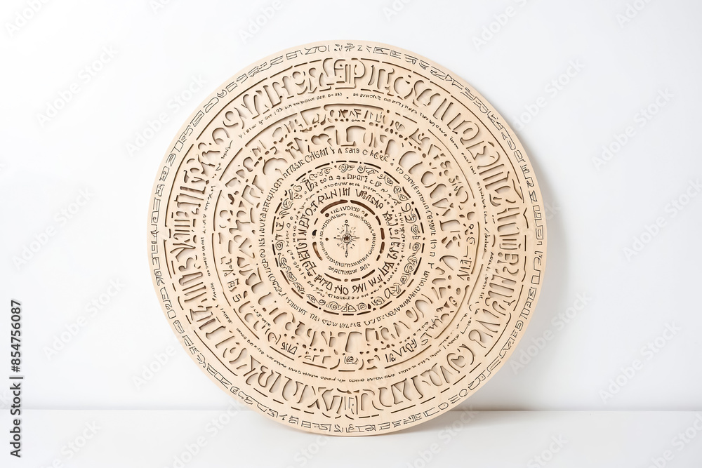 Obraz premium Wooden Round with Engraved Circle of Hieroglyphics