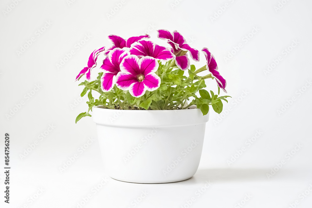 Fototapeta premium Close-up of pink and white petunia flowers in a white pot