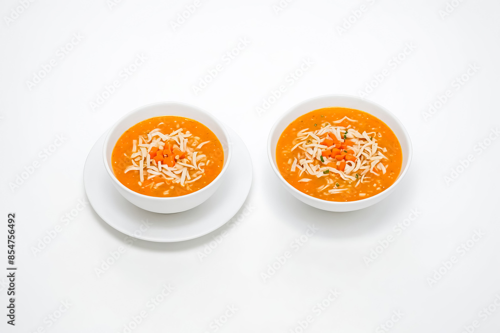 Two Bowls of Carrot and Noodle Soup with Cheese Topping Two Bowls of Carrot and Noodle Soup with Cheese Topping