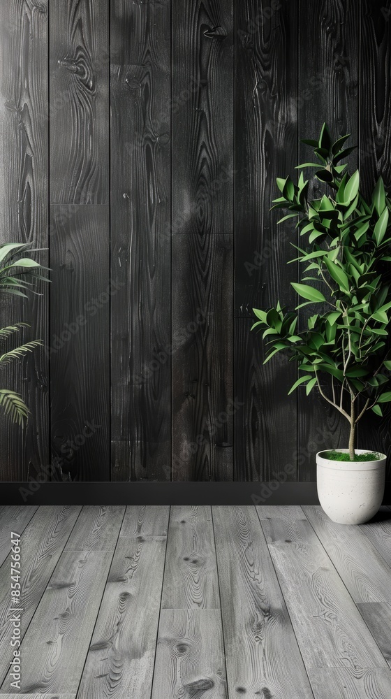 a modern room interior featuring a dark grey tile floor and black wooden walls, adorned with green plants and curtains, showcasing minimalist home design. a modern room interior featuring a dark grey tile floor and black wooden walls, adorned with green plants and curtains, showcasing minimalist home design.