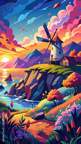 Vibrant Coastal Windmill Sunset Illustration