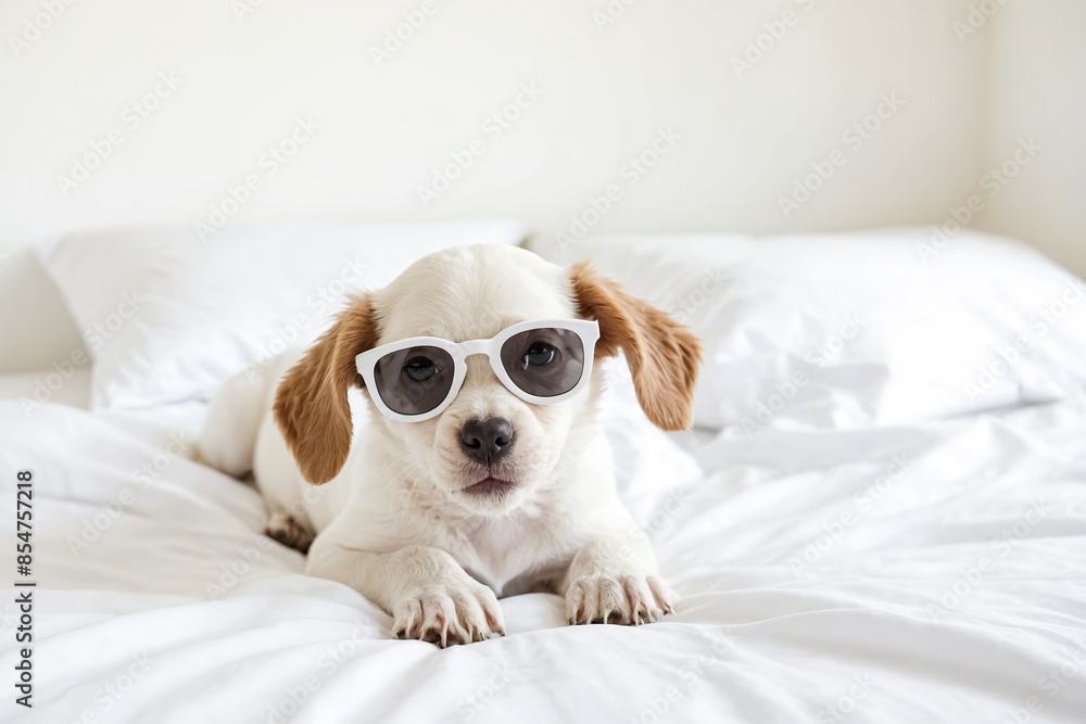 Adorable Puppy Wearing Sunglasses on a White Bed Adorable Puppy Wearing Sunglasses on a White Bed