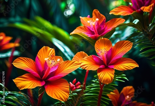 vibrant exotic flower blossoming close lush rainforest environment, tropical, colorful, blooming, dense, flourishing, jungle, plant, bloom, flourish, flora, flowering