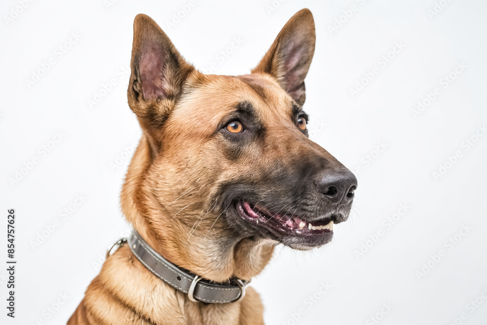 Close-up Portrait of a Brown and Black Dog with a Grey Leather Collar Close-up Portrait of a Brown and Black Dog with a Grey Leather Collar