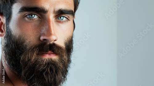 calm and contemplative stoic alpha male face with beard against a clean, soft background, preferably in tones like blue or gray looking focused photo
