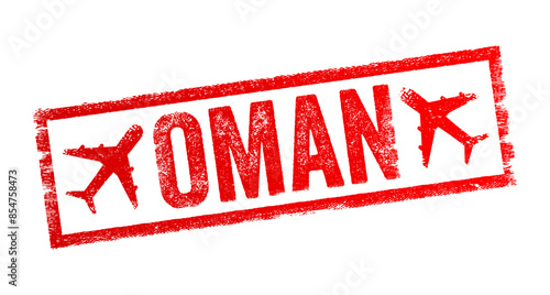 Oman - is a country located in West Asia, it is situated on the southeastern coast of the Arabian Peninsula, and spans the mouth of the Persian Gulf, text emblem stamp with airplane