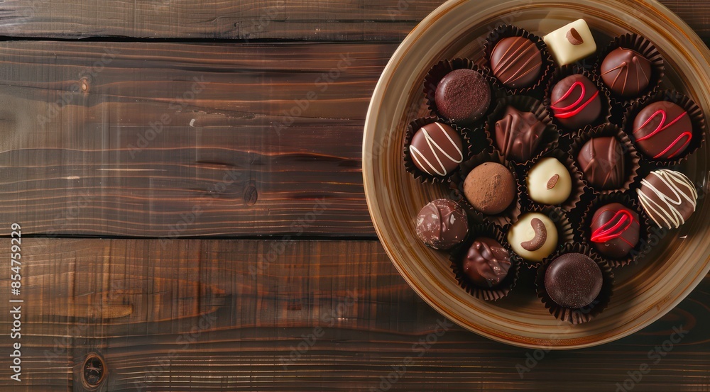Plate with chocolates on a wooden table, copy space, top view. Plate with chocolates on a wooden table, copy space, top view.