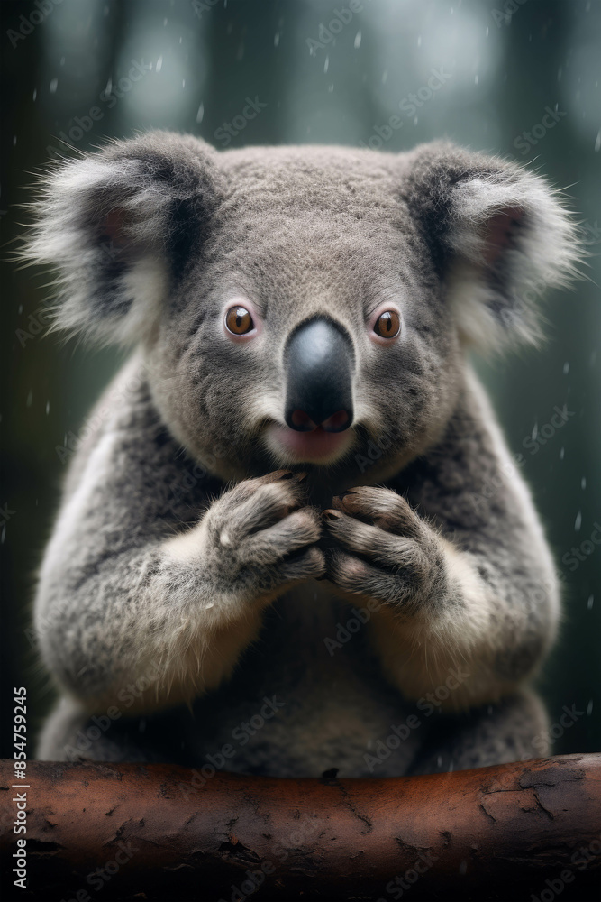 Obraz premium Close-up of a Cute Koala with Expressive Eyes and Fluffy Ears Holding a Tree Branch