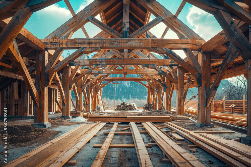 A large open space with wooden beams and a lot of wood A large open space with wooden beams and a lot of wood