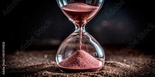 A glass hourglass with sand in it is shown on a dark background