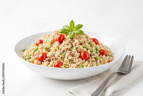 Closeup of a Bowl of Rice with Cherry Tomatoes and Basil