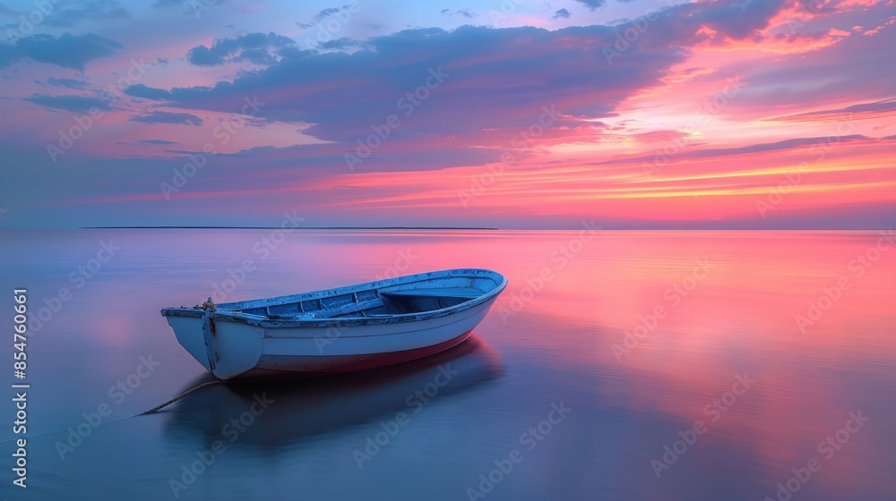 Serene Sunset with Boat in Tranquil Waters and Vibrant Sky Reflection Serene Sunset with Boat in Tranquil Waters and Vibrant Sky Reflection