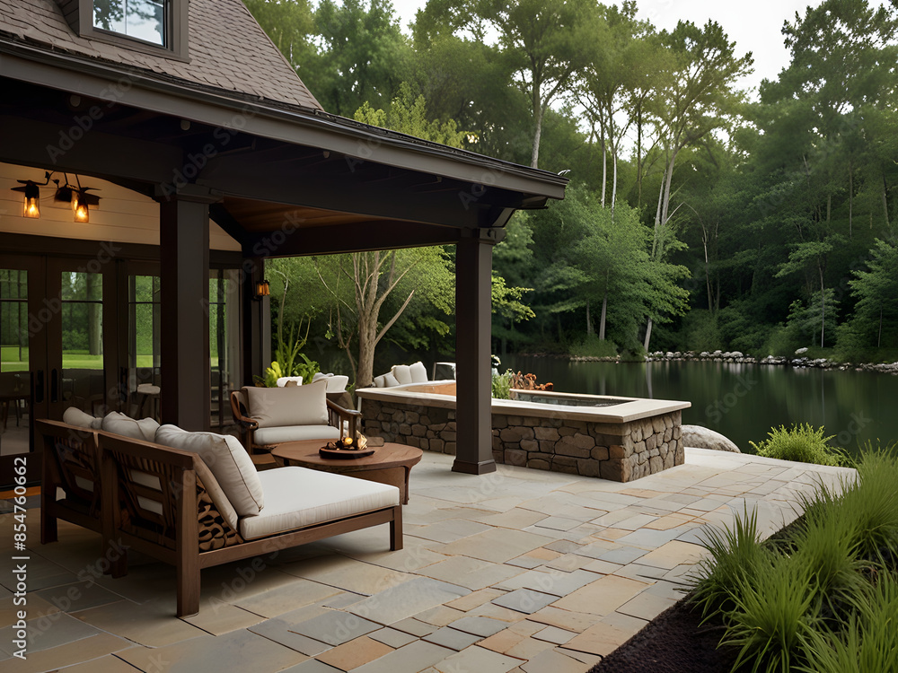 Obraz premium Tranquil Lakeside Patio Retreat