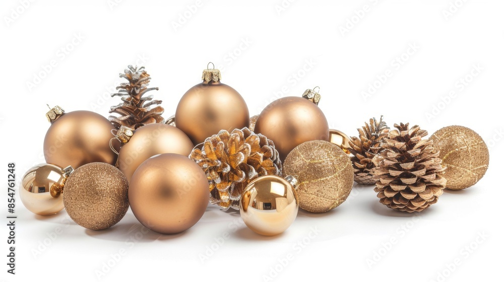 Golden Christmas Ornaments and Pinecones, Generative AI Golden Christmas Ornaments and Pinecones, Generative AI