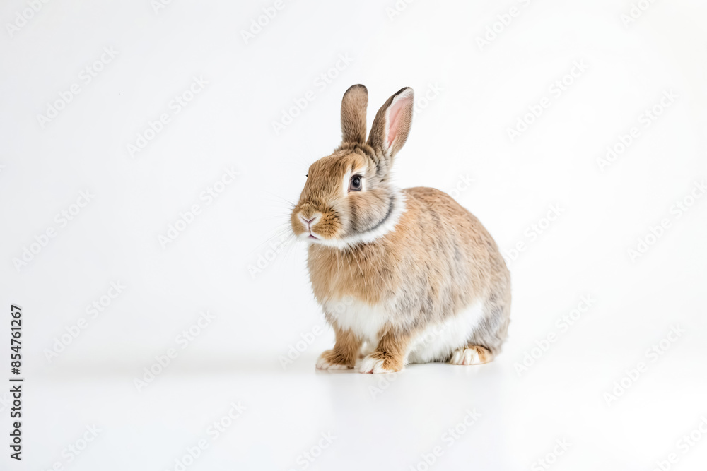 Cute rabbit with brown fur and white underbelly sitting on white background Cute rabbit with brown fur and white underbelly sitting on white background