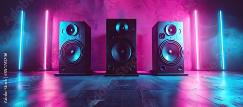 Neon Speakers in a Synthwave Setting photo