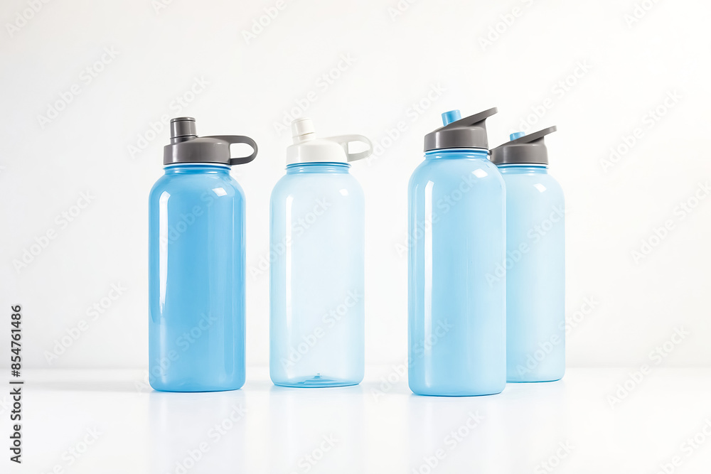 Blue Water Bottles on White Background Blue Water Bottles on White Background