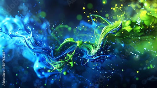 Neon blue and green 3D ink splashes creating a mesmerizing abstract swirl © azlani art