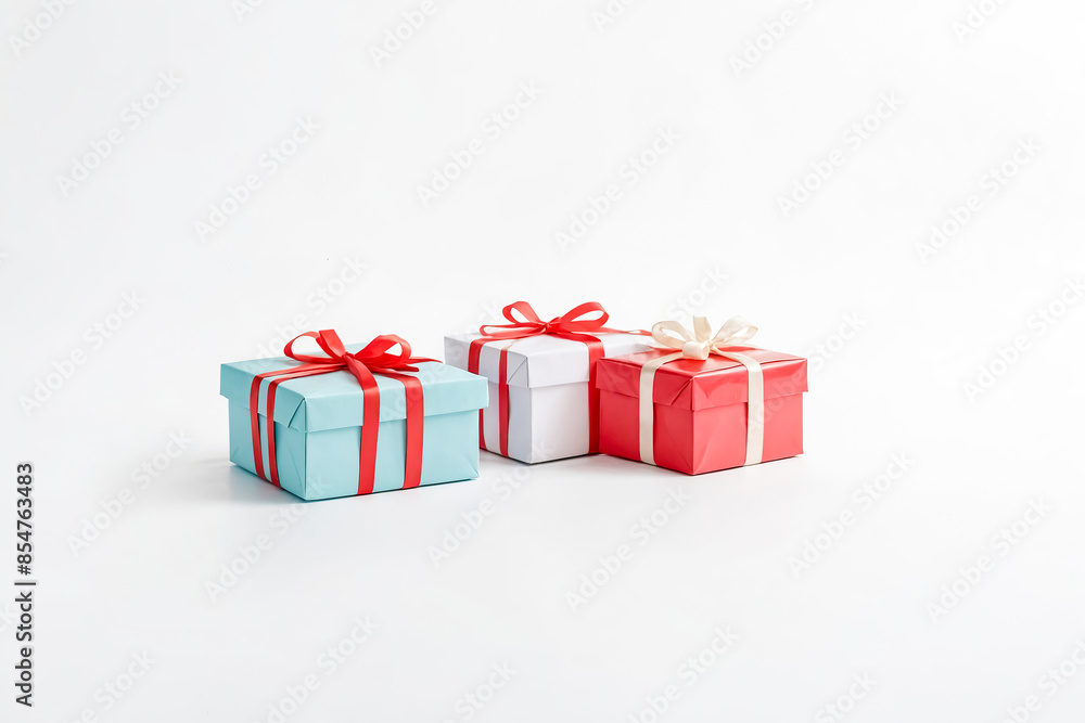 Obraz premium Three Colorful Gift Boxes with Bows on a White Background