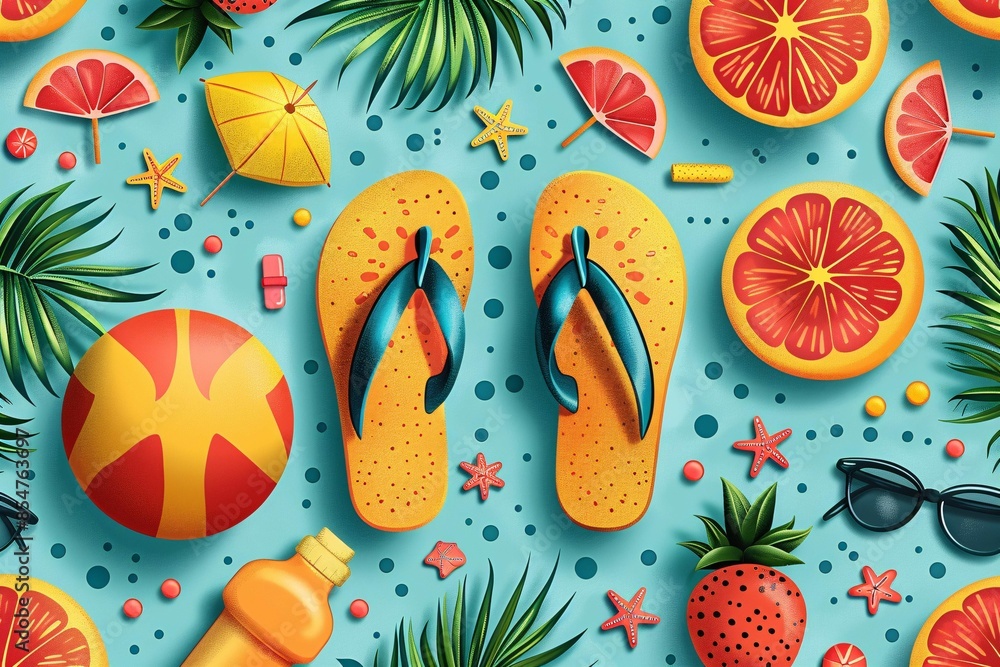 Fun summer pattern with beach items on blue. Fun summer pattern with beach items on blue.