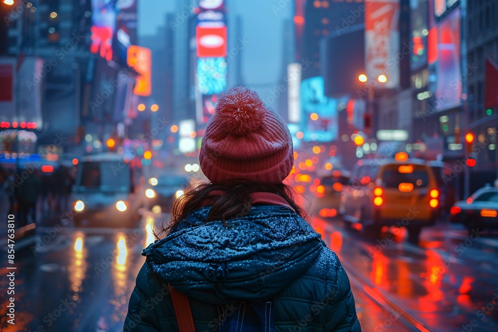Bustling dusk city scene with colorful lights. Bustling dusk city scene with colorful lights.