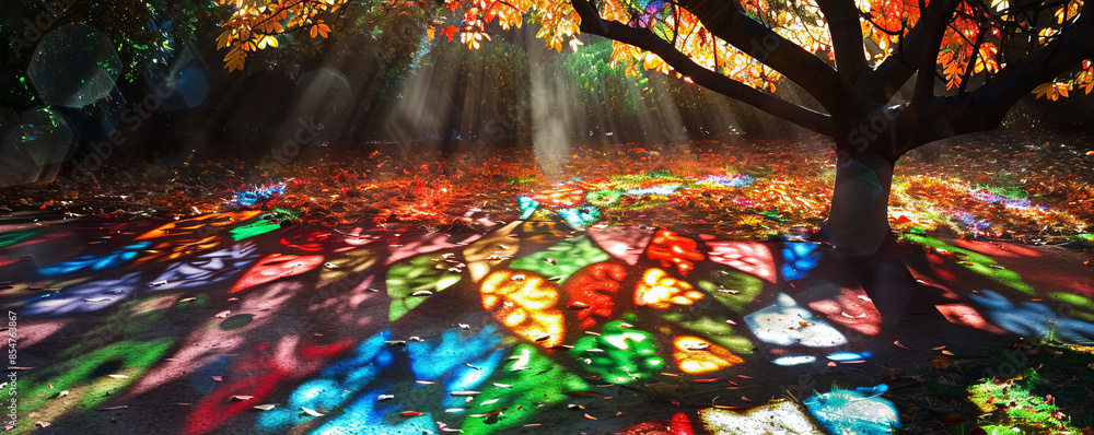 Fototapeta premium A tree with leaves that are made of stained glass, casting colorful patterns of light on the ground below.