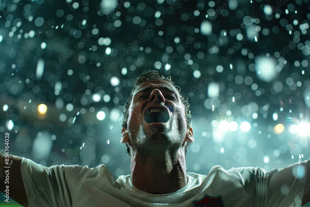 Soccer player celebrating goal in the rain at night Soccer player celebrating goal in the rain at night