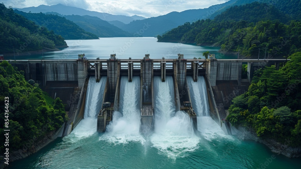 A large dam with multiple spillways overflows with water, creating whitewater rapids below. The dam is surrounded by lush green forests and mountains. A large dam with multiple spillways overflows with water, creating whitewater rapids below. The dam is surrounded by lush green forests and mountains.