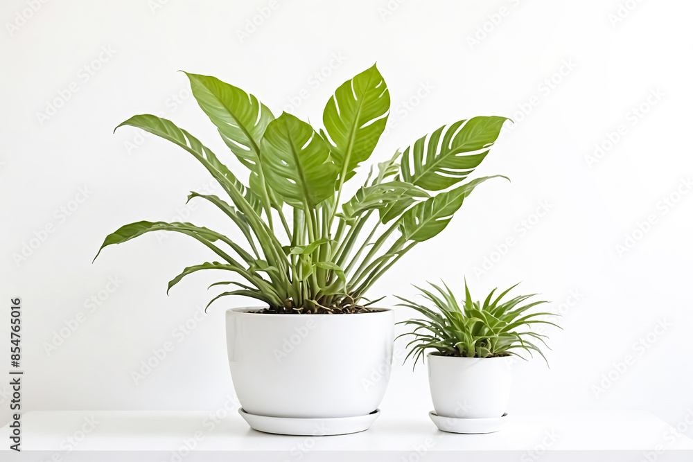 Two potted plants with green leaves on a white table Two potted plants with green leaves on a white table