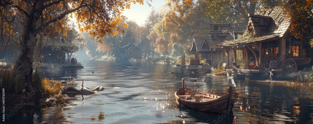 A serene riverside scene with a wooden rowboat drifting lazily in calm waters. A blacksmith forging iron in a rustic workshop, sparks flying as they hammer the metal. A serene riverside scene with a wooden rowboat drifting lazily in calm waters. A blacksmith forging iron in a rustic workshop, sparks flying as they hammer the metal.