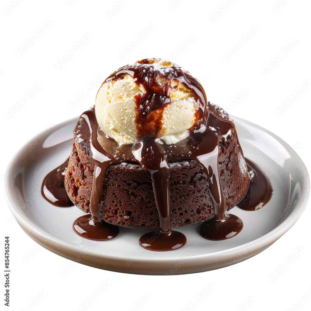 Chocolate Lava Cake with Molten Center and Vanilla Ice Cream Isolated on Transparent or White Background, PNG Chocolate Lava Cake with Molten Center and Vanilla Ice Cream Isolated on Transparent or White Background, PNG
