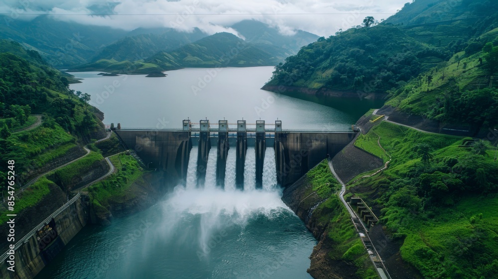 This is an aerial photograph of a dam overflowing into a large reservoir, surrounded by lush green mountains and cloudy skies. This is an aerial photograph of a dam overflowing into a large reservoir, surrounded by lush green mountains and cloudy skies.