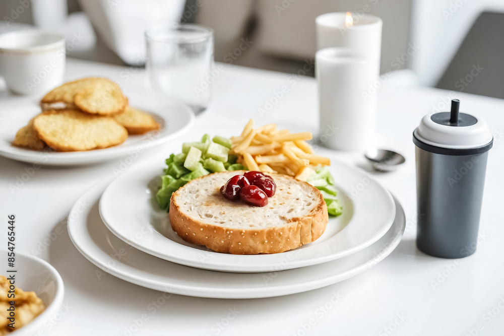 Close up of a sandwich with fries and salad on a white plate Close up of a sandwich with fries and salad on a white plate