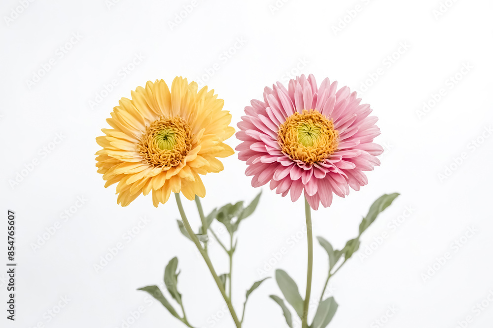 Pink and Yellow Gerbera Daisies on White Background Pink and Yellow Gerbera Daisies on White Background