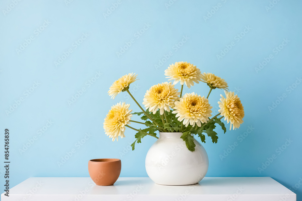 Yellow Chrysanthemums in a White Vase on a White Table Against a Blue Wall Yellow Chrysanthemums in a White Vase on a White Table Against a Blue Wall